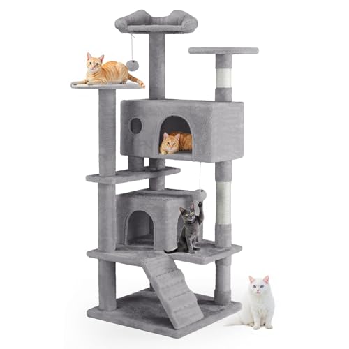 Cat Tree 54 Inch, Multi-Level Cat Tower with Condo, Perches, Sisal Scratching Posts and Climbing Ladder, Pet Play Toy Balls House for Indoor Cats, Light Grey - color: Light Grey, size: 54IN
