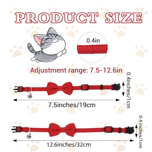 2pcs Red Cat Bowtie Collar, Cat Collar with Bells, Cats Bow Tie, Small Pet Safety Wedding Valentine's Day Basic Pure Color Suede Soft Adjustable 7-13 Inches