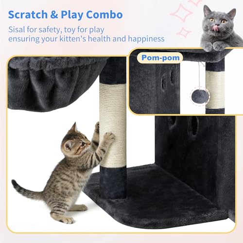 Heybly Cat Tree, 26.3-inch Cat Tower with Spacious Top Perch for Large Cats, Stair-Style Cat House Furniture with Dual-Layer Condos, Sisal Scratching Posts, Cozy Basket & Pompom, Smoky Gray HCT204SG - color: Smoky Gray, size: 26.3 inch