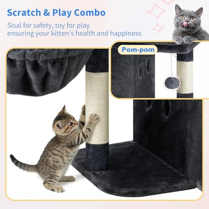 Heybly Cat Tree, 26.3-inch Cat Tower with Spacious Top Perch for Large Cats, Stair-Style Cat House Furniture with Dual-Layer Condos, Sisal Scratching Posts, Cozy Basket & Pompom, Smoky Gray HCT204SG - color: Smoky Gray, size: 26.3 inch