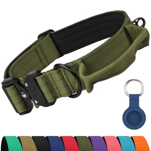 Joytale Tactical Dog Collar for X-Large Dogs with Control Handle, Heavy Duty Military Training Collar for Power Breeds, AirTag Holder Case, Quick Release Metal Buckle, Soft Padded, XL, Army Green - color: ArmyGreen, size: XL-1.5"×18-27"