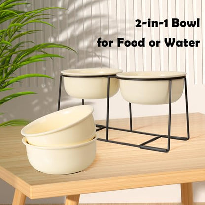 Ceramic Elevated Dog Bowl Set - Raised Double Feeding Bowls with Metal Stand - Pet Dishes for Medium and Large Dogs - 5.8 Cups - 47.3 fl oz - Beige - color: Beige, size: XL-800ml