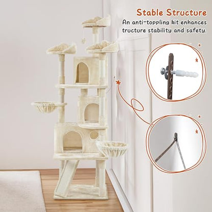 Yaheetech 76.5in Multi-Level Large Cat Tree, Big Cat Tower with 3 Condos, Cozy Plush Perches, 9 Sisal Scratching Posts and Ladder, Activity Center for Large Kitties, Beige - color: Beige
