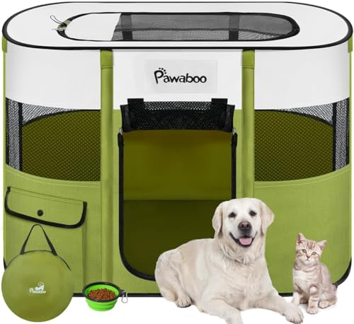 Dog Playpen, Portable Pet Playpen Cat PlayPens, 600D Oxford Dog Kennel Tent Crate, Waterproof&Breathable, Indoor Outdoor Travel Camping Use for Medium/Large Breed with Carrying Case+Folding Bowl(L) - color: Avocado Green, size: Large(35"x28"x24")