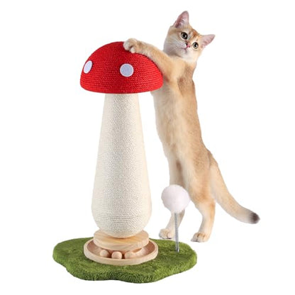 Mushroom Cat Scratching Post with Interactive Ball Track Spring Ball Cat Toys, 21.2" Cat Sisal Scratcher Tree for Indoor Cats, Red - color: Red