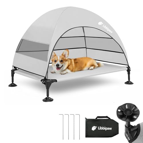 Windproof Elevated Dog Bed with Canopy & Stakes, 3-Sided 90% UV Block, Chew-Proof Teslin Mesh Mat for Large Dogs up to 150lbs(Grey Large) - color: Grey, size: Large