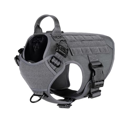 ICEFANG Tactical Dog Harness, Medium Size,2X Metal Buckle,Working Dog MOLLE Vest with Handle,No Pulling Front Leash Clip,Hook and Loop Panel (Grey,M (Pack of 1)) - color: Grey, size: Medium (Pack of 1)