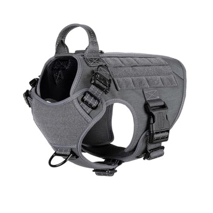 ICEFANG Tactical Dog Harness, Medium Size,2X Metal Buckle,Working Dog MOLLE Vest with Handle,No Pulling Front Leash Clip,Hook and Loop Panel (Grey,M (Pack of 1)) - color: Grey, size: Medium (Pack of 1)
