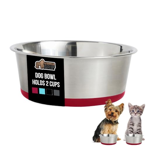 GORILLA GRIP Dog Bowl, Holds 2 Cups (16 fl oz), Food Grade 304 Stainless Steel Food and Water Bowl for Feeding Dogs and Cats, BPA Free Rubber Base, Easy Clean, Dishwasher Safe, Rust Resistant, Red - color: Red, size: 2 Cup (16 Oz)