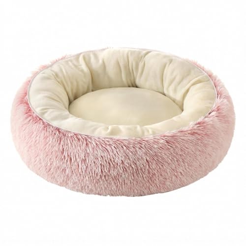 Calming Donut Dog Bed Cat Bed, Fluffy Long Fur Outer & Short Fur Inner, Sweat-Free Cozy Cuddler, Non-Slip Bottom,for Small Medium Dogs Cats Puppy Kitten (Donut Bed - Pink, Medium 19.7 Inches) - color: Donut bed - pink, size: 19.7 in Medium