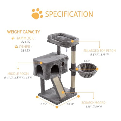 SHA CERLIN Cat Tree 36 Inches Cat Tower with Hammock, Sisal Scratching Post for Indoor Kittens, Small Room, Grey