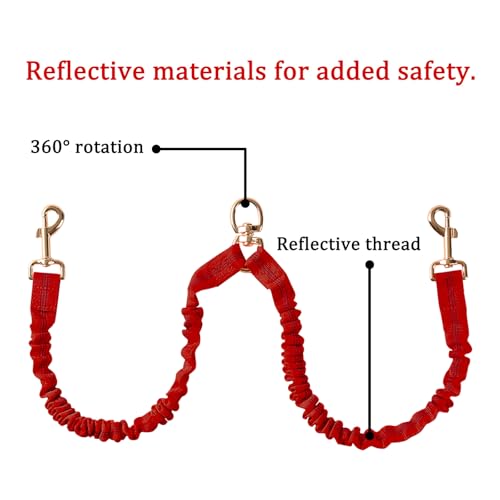 Dual Dog Leash,Double Dog 360 Swivel No Tangle Walking Leash,Comfortable Shock Absorbing Reflective Bungee for Two Dogs（Red） - color: Bright Red
