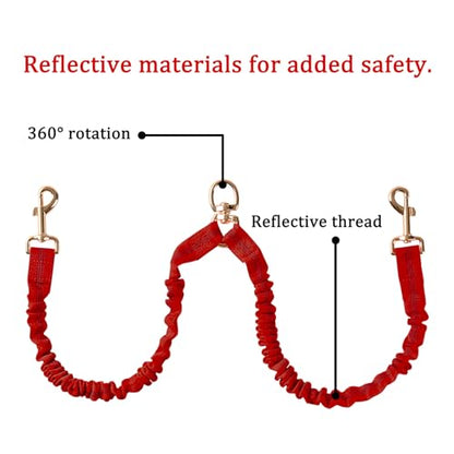 Dual Dog Leash,Double Dog 360 Swivel No Tangle Walking Leash,Comfortable Shock Absorbing Reflective Bungee for Two Dogs（Red） - color: Bright Red
