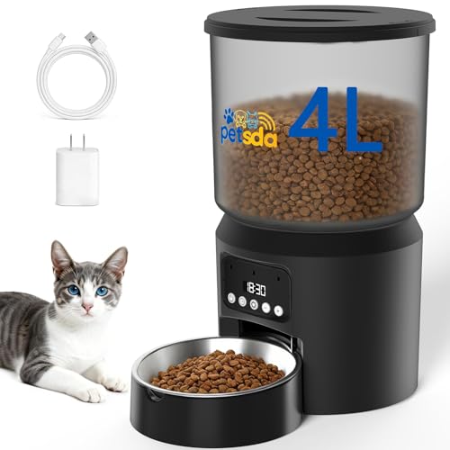 Automatic Cat Feeders, 4L Timed Cat Dry Food Dispenser Auto Pet Feeder for Cats and Small Dogs Dual Power Supply 9 Meals Programmable 1-15 Portion Per Day with Stainless Bowl Easy Clean - color: Black-1