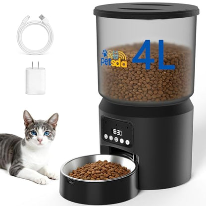 Automatic Cat Feeders, 4L Timed Cat Dry Food Dispenser Auto Pet Feeder for Cats and Small Dogs Dual Power Supply 9 Meals Programmable 1-15 Portion Per Day with Stainless Bowl Easy Clean - color: Black-1