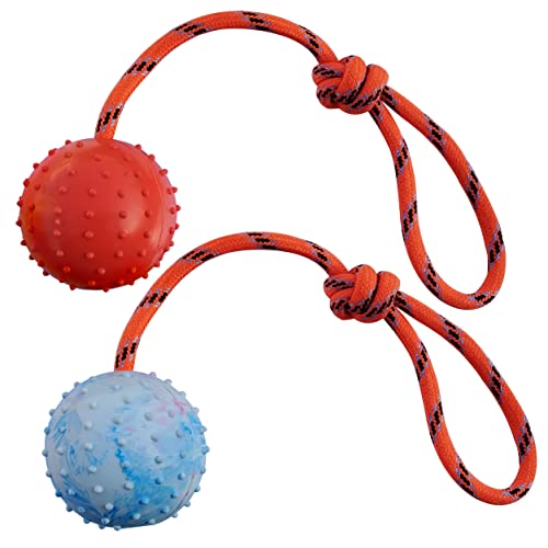 2 Pcs Dog Toy Ball with Rope Handle，Dog Training Ball on Rope Toy ，Hollow Rubber Ball for Fetch, Catch, Throw and Tug of War，Not Suitable for Strong Chewing Power Dog (White+Red, L) - color: White+Red, size: L