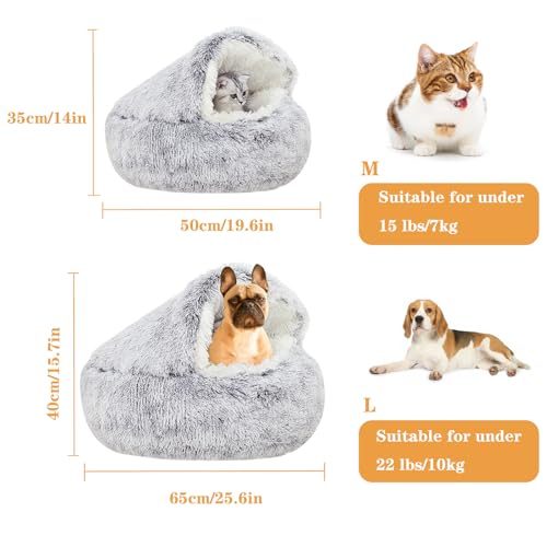 SUOXU Cat Beds for Indoor Cats,Plush Hooded Cat Cave for Puppy Kitty Small Dog Bed,Removable Washable Non-Slip Bottom Self Warming Round Fluffy Faux Fur Super Soft Calming Sleeping Pet Bed(Gray) - color: Grey