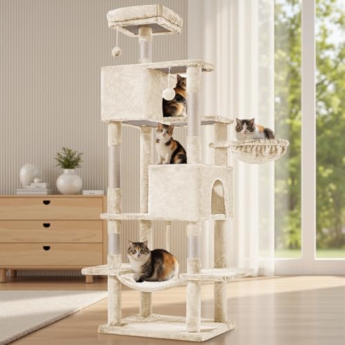 Large Cat Tree 66 Inch, Multi-Level Tall Cat Tree Tower with Condo, Perches, Sisal Scratching Posts and Hammock, Pet Play House with Dangling Balls for Indoor Cats, Beige - color: Beige, size: 66in