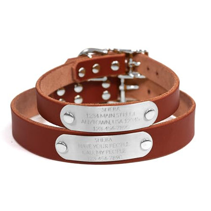 Handmade Personalized Bridle Leather Dog Collar, Engraved Stainless Steel Nameplate (Brown) - color: Brown