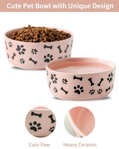 UBEE Ceramic Dog Bowl Set of 2, 5.5 inch Dog Food Bowl Dish with Bone Paw Pattern, Pet Food Water Dish Feeding Plates for Small Dogs, Puppy and Cat, Pink - color: Pink-dog paw, size: 5.5 inch x 2