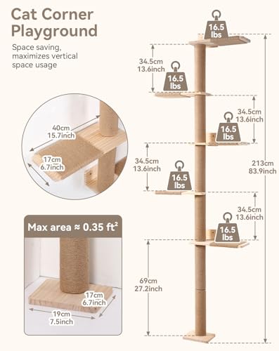 PawGiant Tall Cat Tree for Wall 83.9inch, Wood Cat Wall Shelves for Kittens, Wall-Mounted Cat Tower with Scratching Post for Play, Climb & Scratching, 5 Tier Platforms