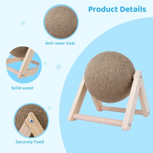 BATTIPAW Cat Scratcher, Rabbit Scratching Ball, Natural Sisal Scratcher, Spinning Cat Ball, Solid Wood Scratching Toy for Cats & Kittens, Indoor Interactive Pet Toy (Burlywood)