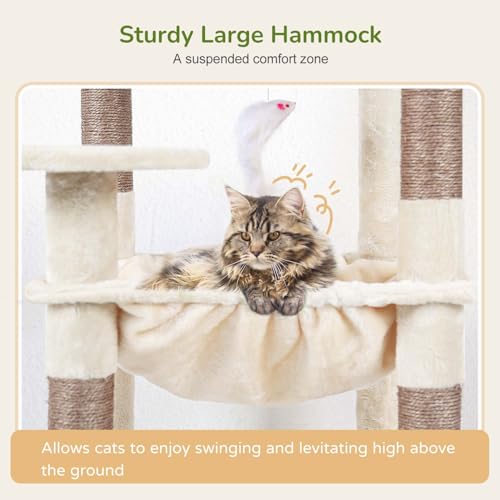 Globlazer Cat Tree Tower with Scratching Post for Indoor Cats, 53inch Tall Plush Multi-Level Cat Climbing Tower Condo House with Large Hammock, Spacious Cat Cave, Big Padded Top Perch Bed, F53, Beige - color: Beige