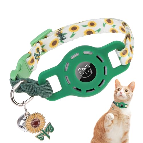 BINGPET AirTag Cat Collar with Bells, Upgraded Safety Elastic Cat Collar with Airtag Cat Collar Holder, Anti-Lost Cat Collars for Girl Boy Cats, Anti-Suffocation Kitty Puppy Collars - color: Sunflower