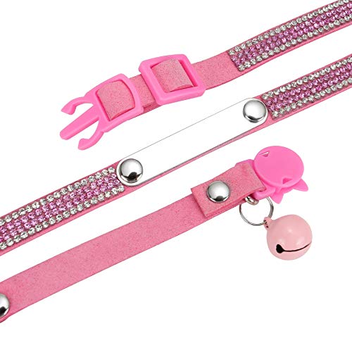Mogoko Personalized Breakaway Cat Diamond Collar, Customized Bling Kitten Pet Collar with Engraved ID Name Plate and Bell（Pink） - color: Pink