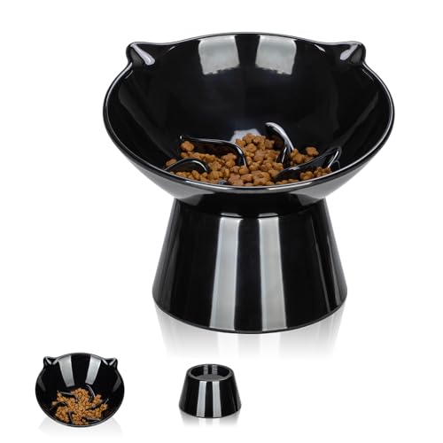 Detachable Slow Feeder Cat Bowl- Elevated Cats Feeder Tilted, 7 Inch Large Extra Wide Raised Cat Food Bowl Whisker Friendly, for Indoor Cats and Small Dogs Anti-Vomiting Black - color: Black