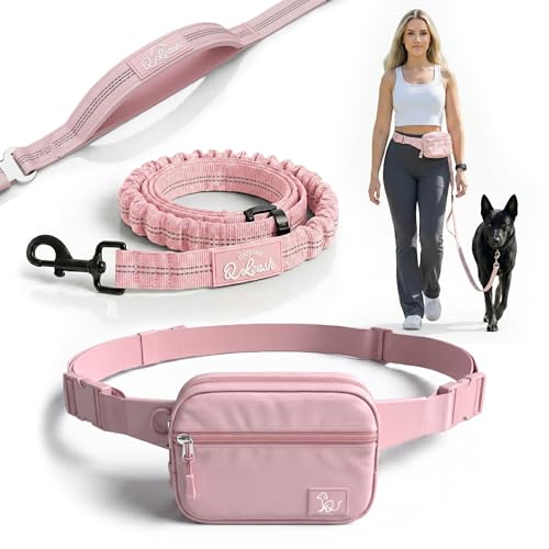 Hands Free Dog Leash with Zipper Storage Pouch - Waist Belt Bungee Running, Walking & Hiking Leash - Padded Handle - Seat Belt Attachment - Reflective No Pull Control for Medium Large Dogs 10-120 lbs - color: Queens Pink