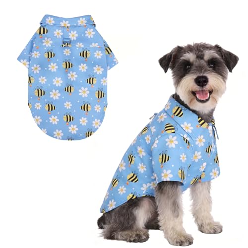KOOLTAIL Spring Dog Shirt with Leash D-Ring, Soft Pet Botton Up Summer Beach Clothes for Small Medium Dogs, Breathable Puppy Polo Outfit with Sun & Insect Protection, Indoor Outdoor, Boy&Girl, Blue M - color: Blue Bee, size: Medium