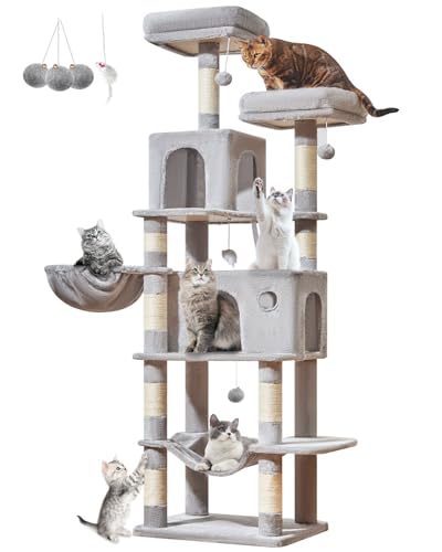 Taoqimiao Large Cat Tree，73-Inch Cat Tree Tower with 9 Scratching Posts for Indoor Cats, 2 Large Cat Condo with Hammock, Hanging Basket, 2 Extended Platform, Light Gray MS013XLW - color: Light Gray, size: 73 inches