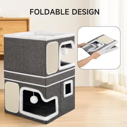 Double Cat Beds for Indoor Cats, 2-Storey Cat House with Large Cozy Hideaways, Dual Purpose Cat Cave Cube with Scratch Pads, Hanging Balls, Foldable Indoor Cat Houses for Multi Cats Kittens Small Pets - size: Double