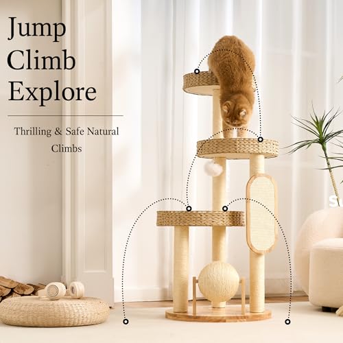 797Audio Wood Modern Cat Tree for Large Cat, 47" Tall Cat Tower with Scratching Posts, Cat Beds, Aesthetic Multi-Level Cat Climbing Tree with Hand-Woven Bed for Adult Indoor Cats - color: 47 Inch-Woven