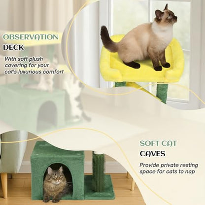 Outvita Cat Tree 27.5in Small Cat Tower, Multi-Level Cat Tree Tower with Cat Scratching Post and Pad, Cozy Cat Condo, Padded Top Bed for Kittens and Indoor Cats, Yellow & Green - size: 27.5" Yellow & Green