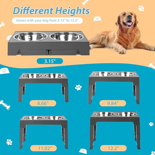 Niubya Elevated Dog Bowls with 2 Stainless Steel Dog Food Bowls, Raised Dog Bowl Adjusts to 5 Heights (3.15", 8.66", 9.84",11.02", 12.2") for Small Medium and Large Dogs - color: Grey