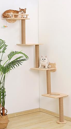 Cat Tree Wall Mounted with 4 Levels Shelves, 73" Wood Corner Tower Inside Kitten Scratching Post for Climbing,Perching and Lounging (Right to Left)