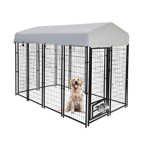 8x4x6 FT Dog Kennel Outdoor for Large Dogs - Heavy Duty Welded Steel Dog Playpen with Waterproof Roof, 360° Rotating Bowls, Latch-Lock Outdoor Dog Run Enclosure