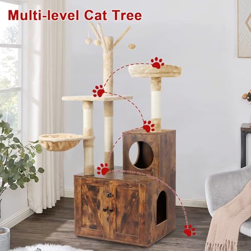 Timberer Cat Tree Tower with Litter Box Enclosure, 2-in-1 Wooden Cat Condo with Sisal Scratching Post, Hammock, Brown - color: Brown