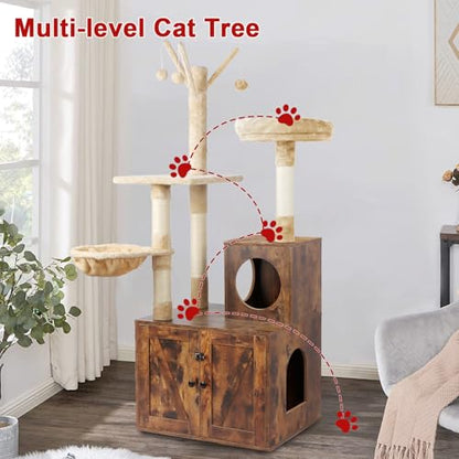 Timberer Cat Tree Tower with Litter Box Enclosure, 2-in-1 Wooden Cat Condo with Sisal Scratching Post, Hammock, Brown - color: Brown