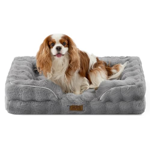 COZY KISS Orthopedic Dog Bed for Medium Small Size Dog, Soft and Warm Faux Fur Sofa for Pet Up to 40 lbs, Foam Bolster Anti-Slip Couch with Washable Removable Cover, M 30x20x6.5 inch, Grey - color: Grey, size: 30x20x6.5 inch