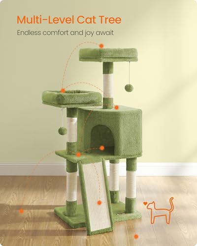Feandrea Cat Tree, 45.3-Inch Cat Tower, Plush Condo with Scratching Post, Ramp, Perch, Spacious Cave, for Small Space, Grass Green UPCT141C01 - color: Grass Green