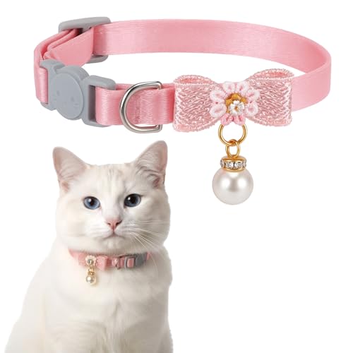 Cat Collar Breakaway, Adjustable Pink Cat Collar with Pearl Pendant, Cute Cat Collars with Safety Buckle Pink Bowtie Kitten Collars for Girl Cats