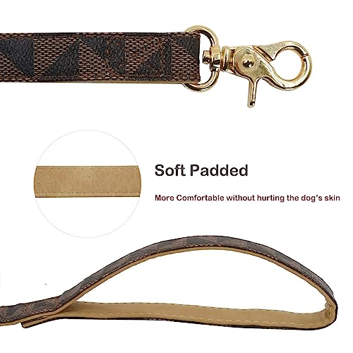 Leather Dog Collar and Leash Set, Check Pattern Dog Collar Leashes Metal Buckle Adjustable Durable for Small Medium Large Dogs (Brown, M(11.8-15IN)) - color: Brown, size: M(11.8-15IN)