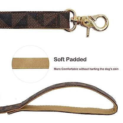 Leather Dog Collar and Leash Set, Check Pattern Dog Collar Leashes Metal Buckle Adjustable Durable for Small Medium Large Dogs (Brown, M(11.8-15IN)) - color: Brown, size: M(11.8-15IN)
