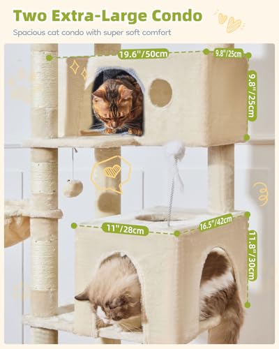 Taoqimiao Cat Tree Tower, 76-Inch Sturdy Cat Tree for Indoor Cats Large Adult Cat Tower with Scratching Posts，2 Condos, 2 Perches, 2 Large Hanging Baskets, Soft Hammock, MS046M Beige - color: Beige