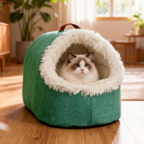 Portable Warm Cat Cave Bed, Soft Plush Hooded Pet Calming Nest for Small Cats, Cat Sleep Bag for Indoor Cats, Washable Removable Inner Cushion for Winter Pets Under 20lbs (Green, Large) - color: Green, size: Large