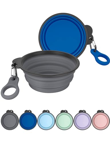 Aonkey Collapsible Dog Bowls with Bottle Carrier, 2 Pack Travel Dog Water Bowl Upgraded Carabiner, One-piece Molded Rim No Fall Off or Crack, Foldable Silicone Portable for Pets Walking Hiking 15oz - color: 6. Gray & Navy Blue, size: Small (Pack of 2)