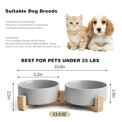 Mowtanco Grey Ceramic Dog & Cat Bowl Set – 13.5 OZ with Wooden Stand, Non-Slip, Elevated Design for Small Dogs & Cats – 2 Bowls (Food & Water, Ceramic Pet Bowls, Modern Dog Bowls) - color: Gray × 2